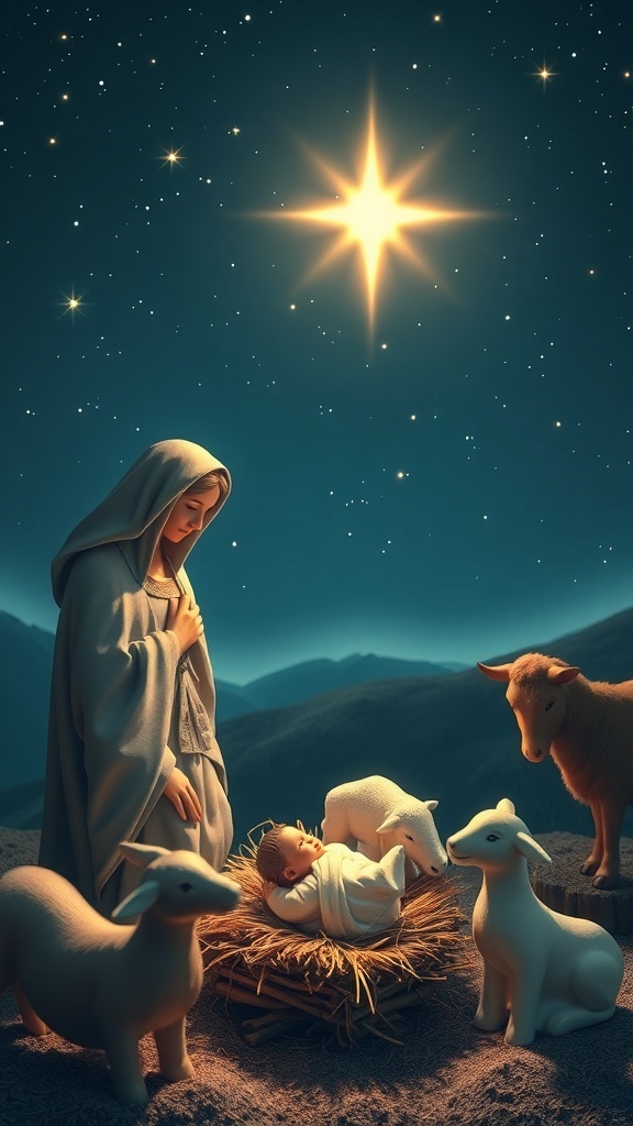 Nativity scene with Mary, Joseph, and baby Jesus in a manger under a starry sky.